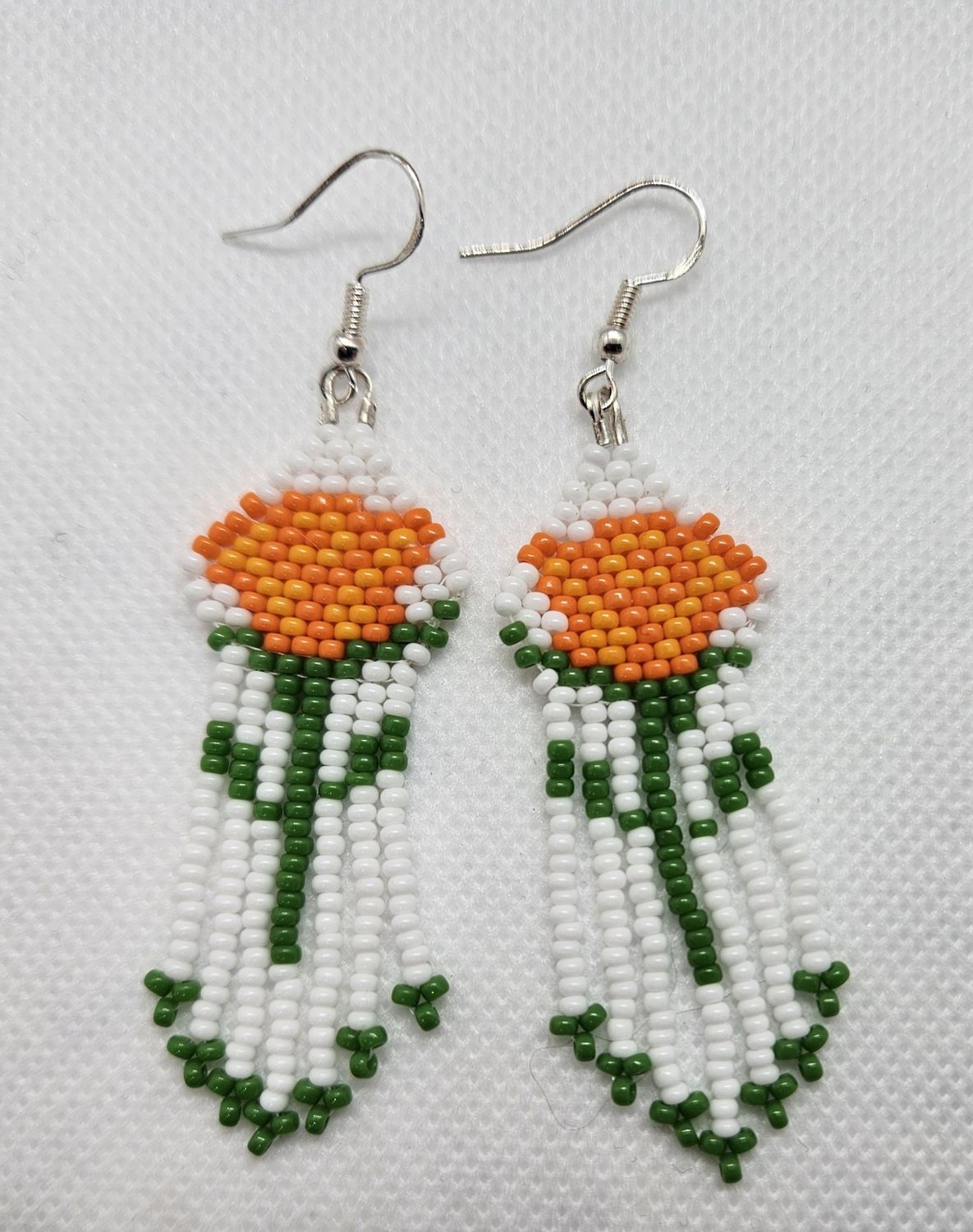 Beaded Earrings Orange &amp; White Flowers