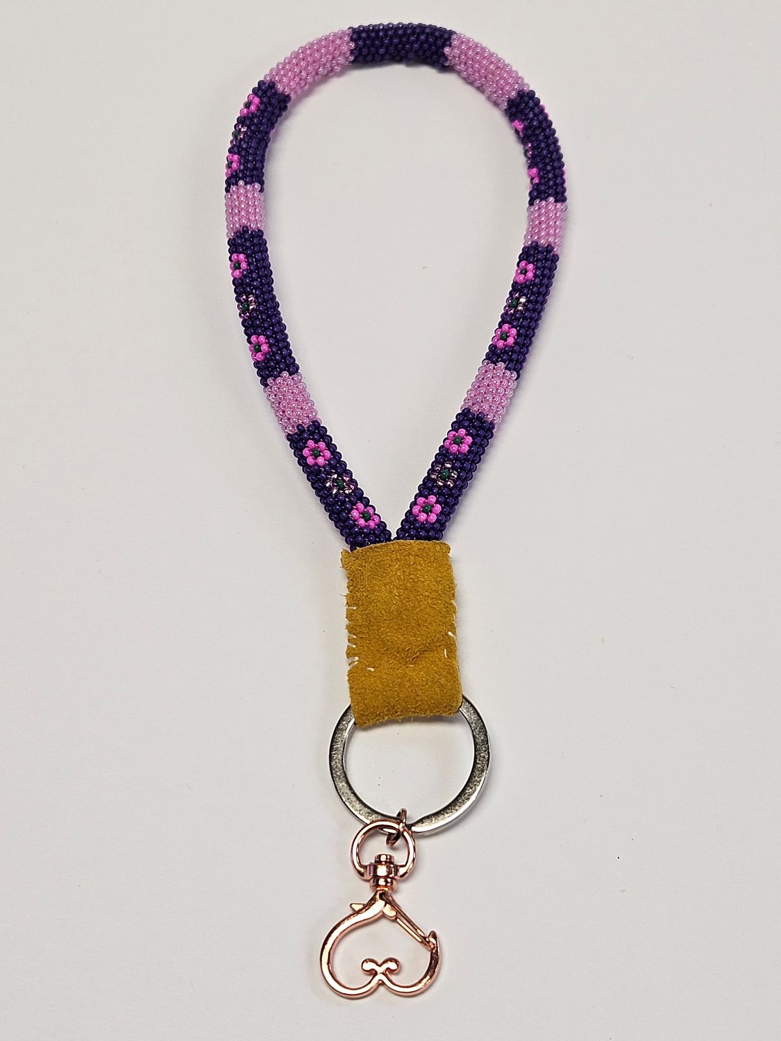 Beaded Wristlet Lanyard - Purple &amp; Pink with Flower Pattern