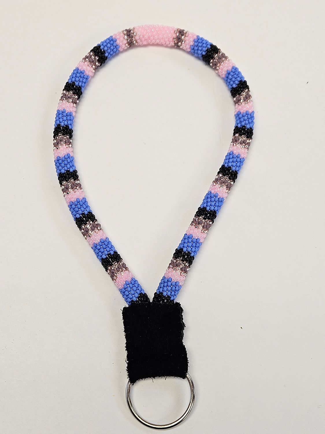Beaded Wristlet Lanyard - Pearl pink, black, lavender &amp; crystal