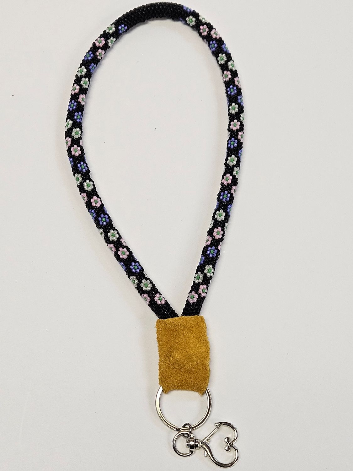 Beaded Wristlet Lanyard - Black with mint, pearl pink and pearl blue flowers