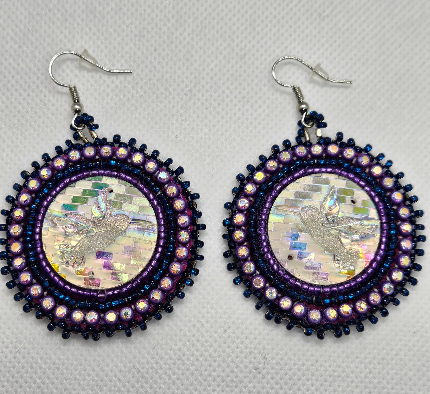 Beaded Earrings Hummingbird Cabochon White, Purple &amp; Blue