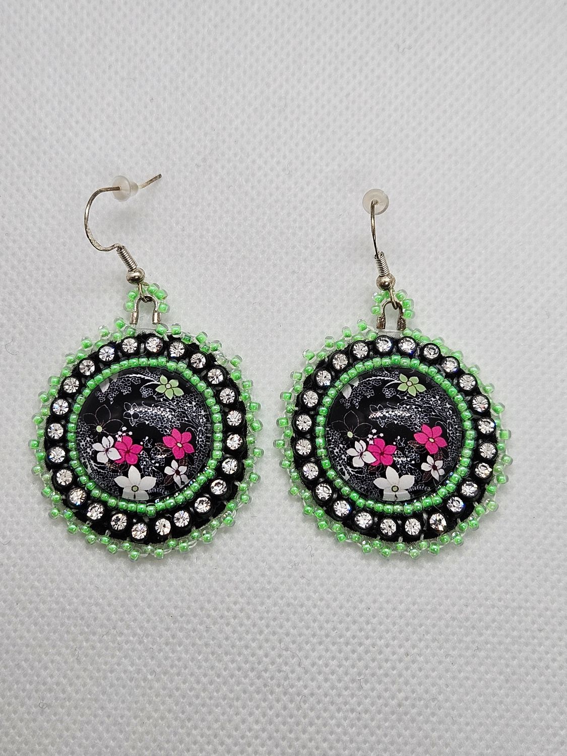 Beaded Earrings Glass Cabochon Green &amp; White &amp; Pink Flowers
