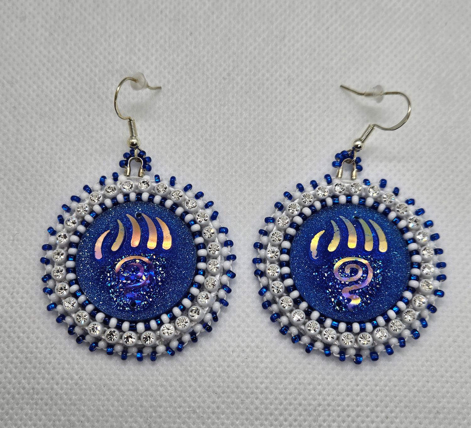 Beaded Earrings Paw Cabochon White &amp; Blue