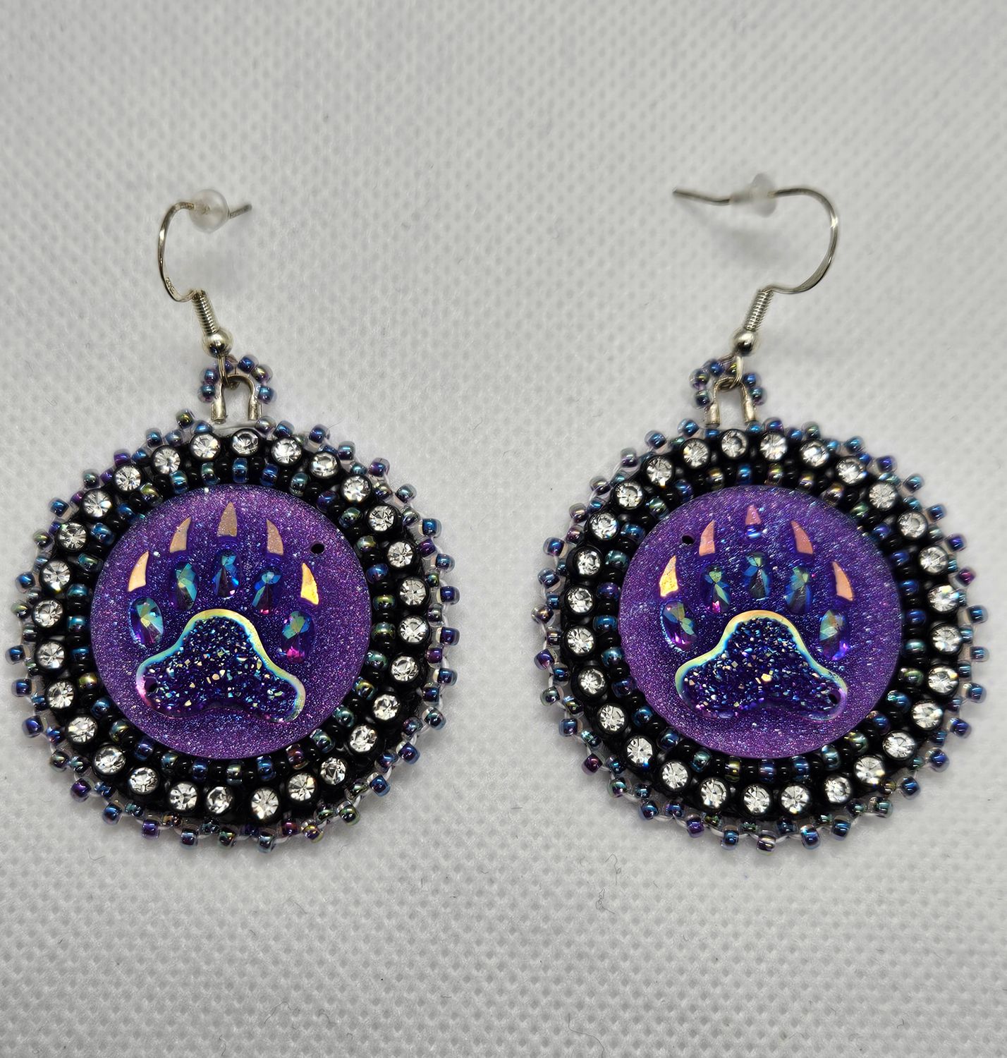 Beaded Earrings Bear Paw Cabochon Purple and Black