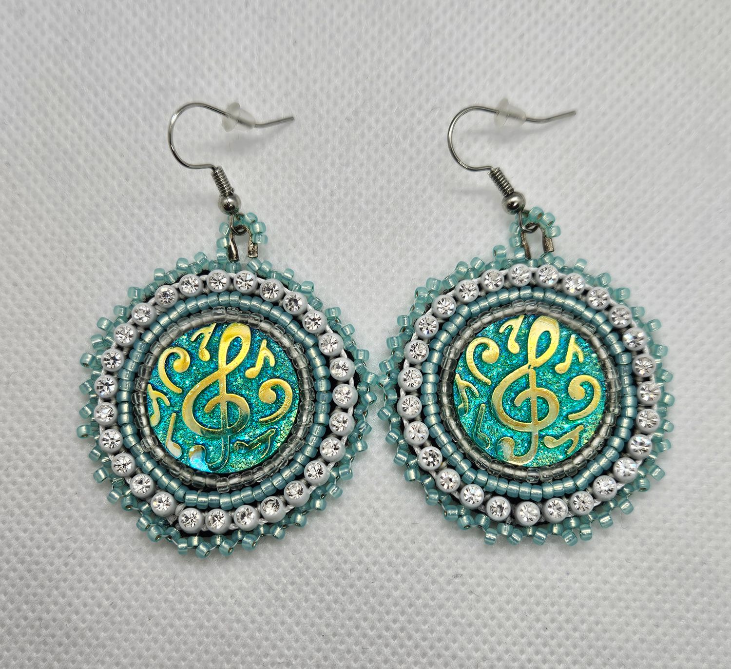 Beaded Earrings Music Note Cabochon Turquoise and White