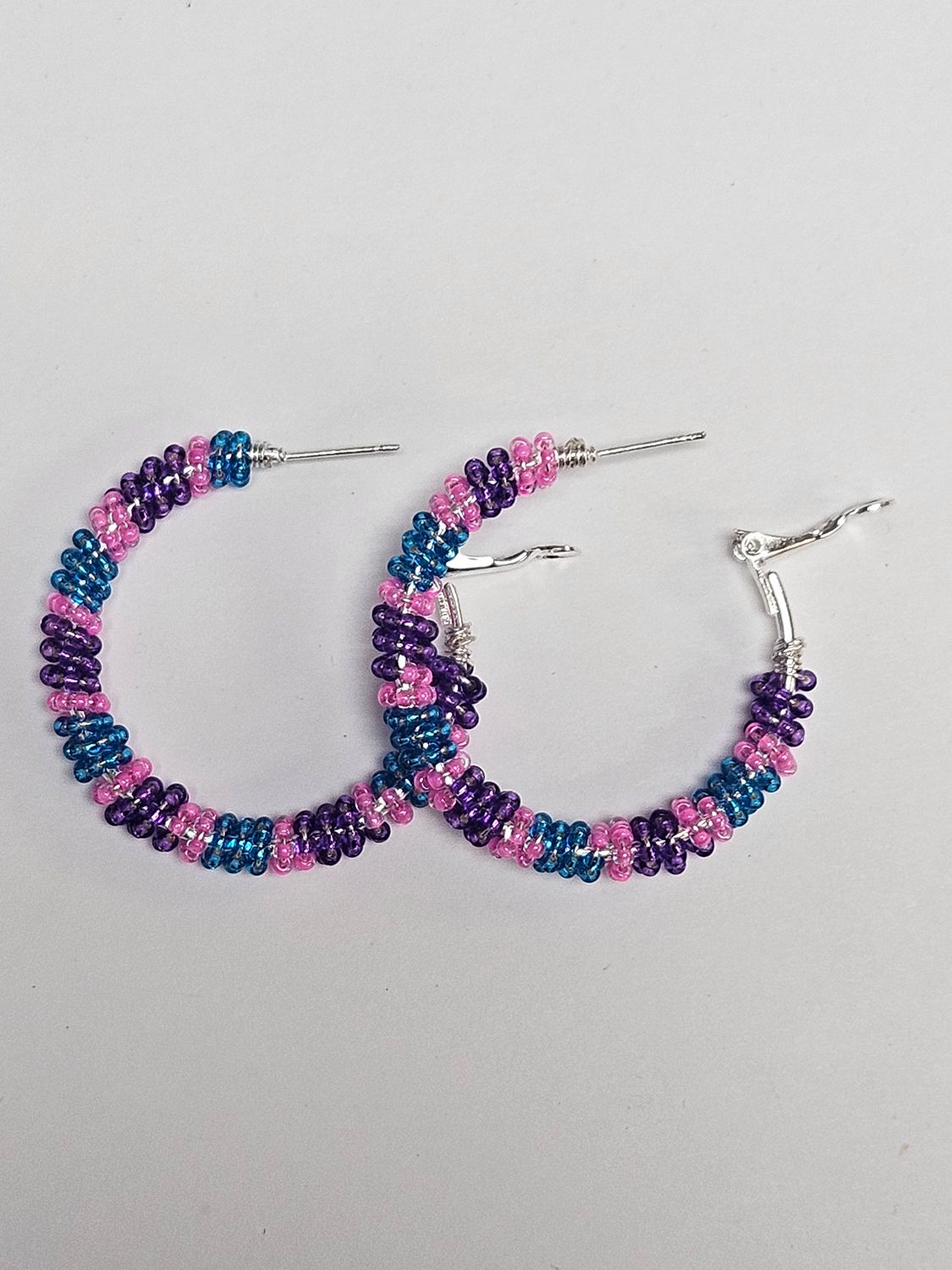Bead Wrapped Hoop Earrings (Pink, Purple, Blue)