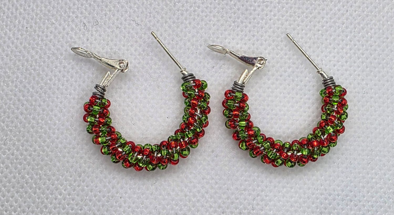 Bead Wrapped Hoop Earrings (Silver Lined Green and Red)