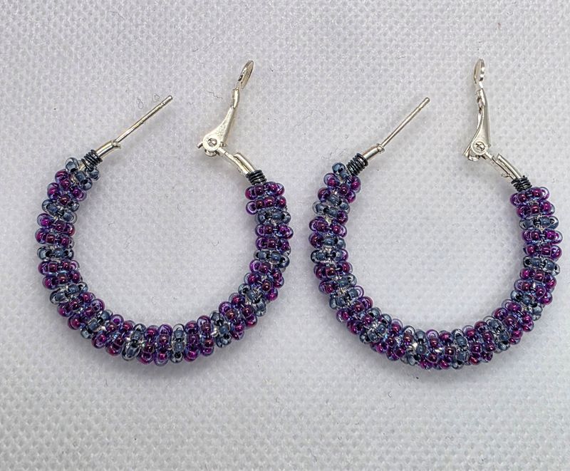 Bead Wrapped Hoop Earrings (Blue and Purple)