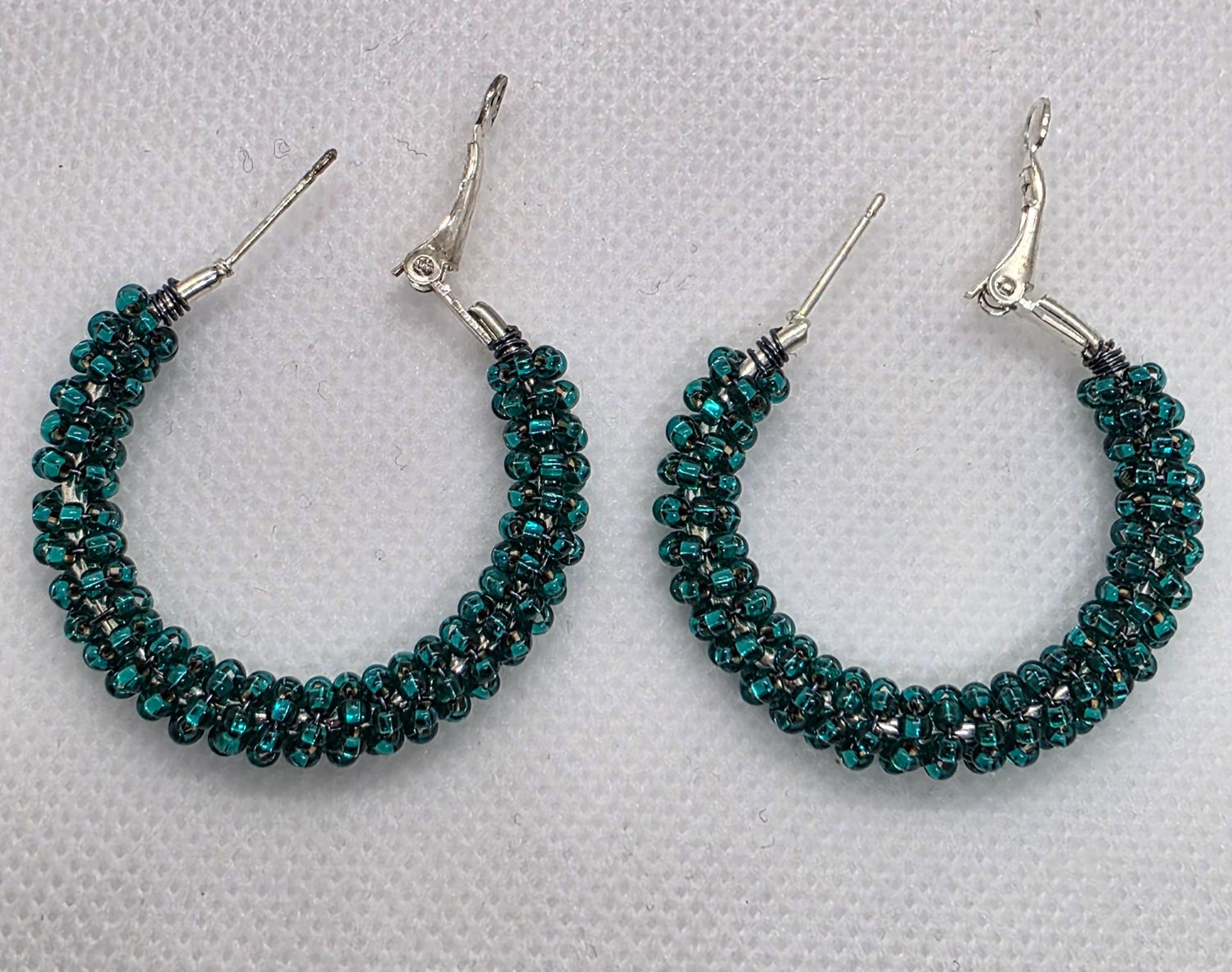 Bead Wrapped Hoop Earrings (Silver Lined Teal)