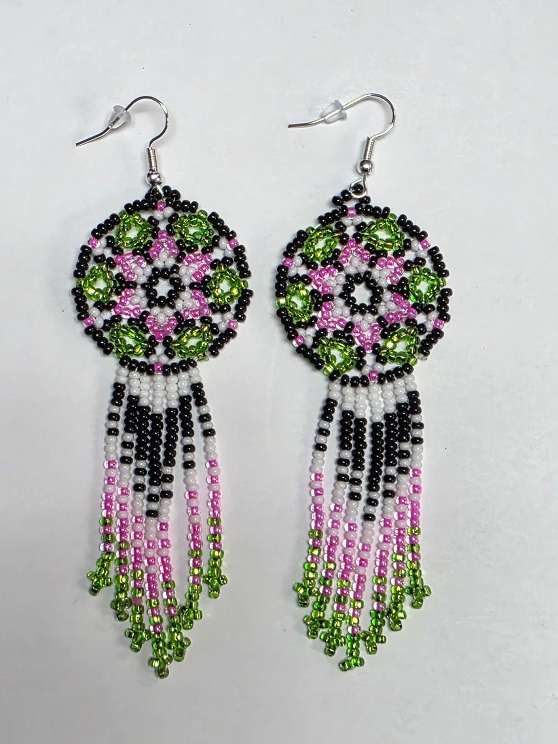 Beaded Tassel Earrings with Dreamcatcher (Black, White, Pink and Silver lined Green)