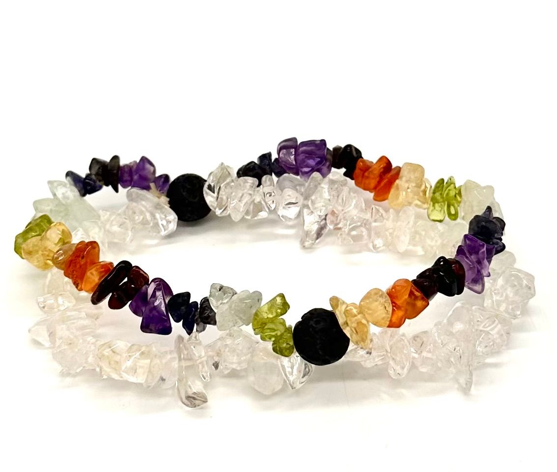 Clear Quartz Chip Bracelet with Lava &amp; Chakra Stones