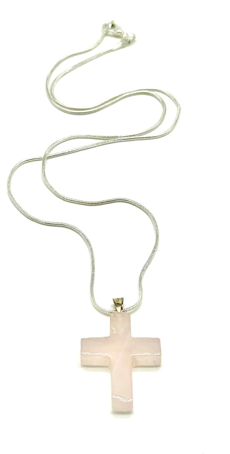 Rose Quartz Cross w/Silver Plated 18" Necklace