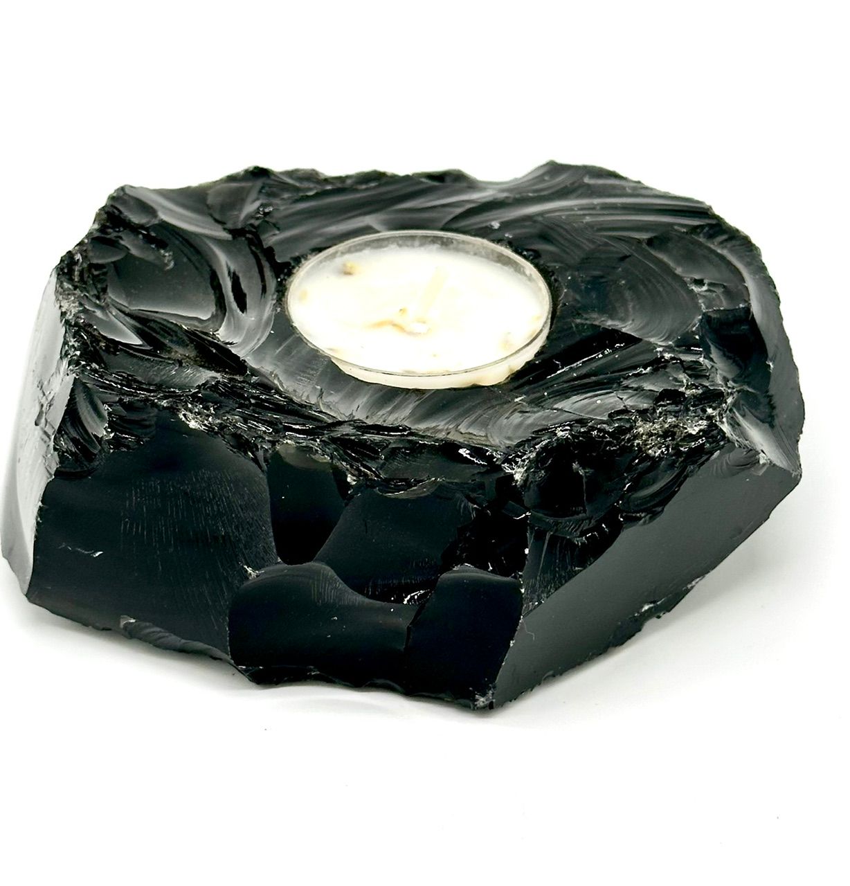 Black Obsidian Crystal Teal Light Candle Holder