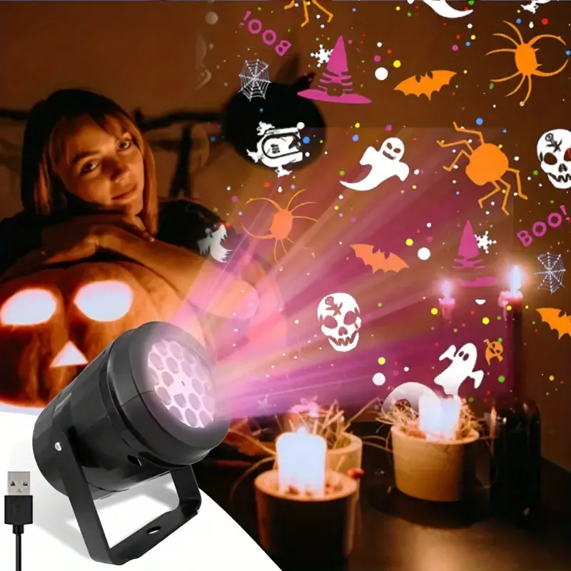 Modern USB Powered Halloween Decoration Night Light, Dynamic Projector Lamp with 16 LED Patterns, Polished Plastic Holiday Theme Adjustable Arm Tabletop Projector for Party, Garden, Outdoor and Indoor