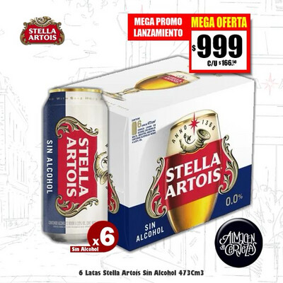 MEGA OFERTA - 6 Stella Artois Sin Alcohol Lata 473Cm3