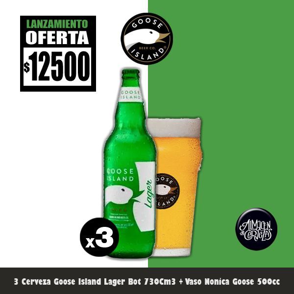 LANZAMIENTO - 3 Goose Island Lager 730Cm3 + 1 Vaso nónica 500cc
