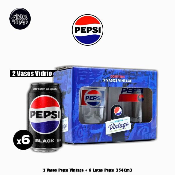 2 Vasos Vidrio Vintage + 6 Pepsi Regular o Black Lata