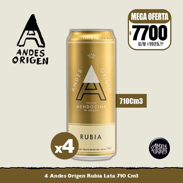 MEGA OFERTA - 4 Latas Andes Origen Rubia 710Cm3
