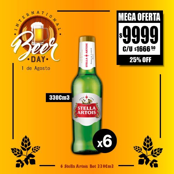 BEER DAY - 6 Stella Artois 330Cm3 Descartable.