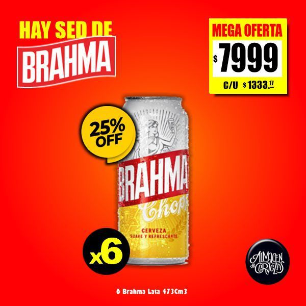 MEGA OFERTA - 6 Latas Brahma 473Cm3.
