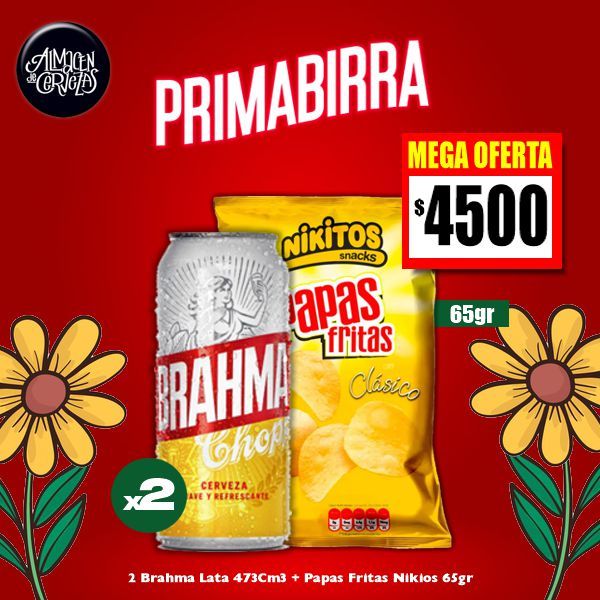 PRIMABIRRA - ​2 Lata Brahma + Papas Fritas Nikitos 65gr