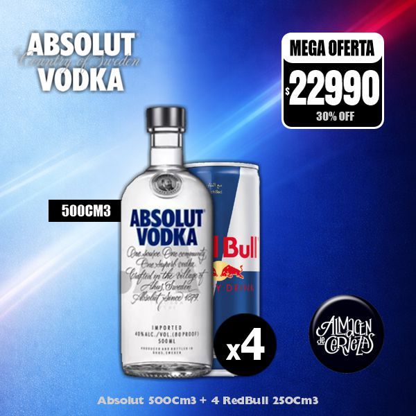 Absolut 500Cm3 + 4 Red Bull 250Cm3