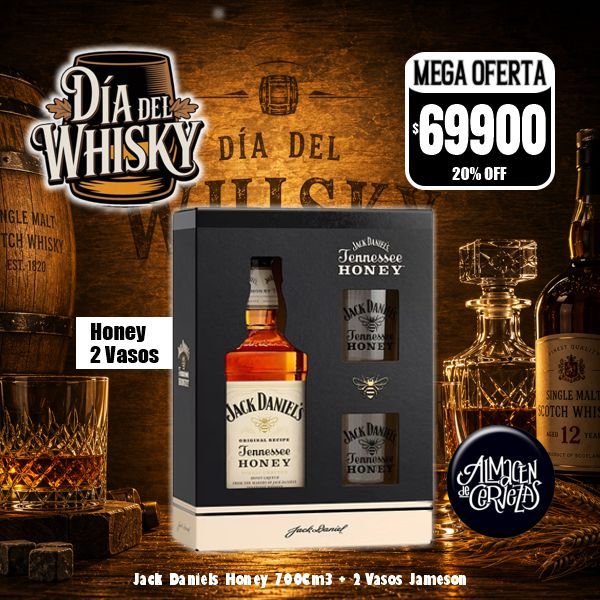 Día del Whisky - Jack Daniel´s HONEY 700cm3 + 2 Vasos con estuche