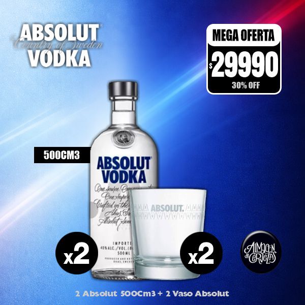 2 Absolut 500Cm3 + 2 Vasos Absolut 220cc.
