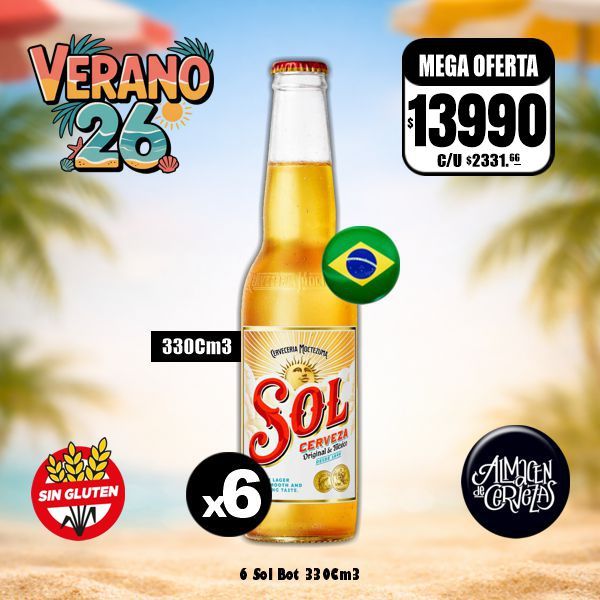 VERANO 26 - 6 Cerveza Sol Bot 330Cm3 Sin Gluten