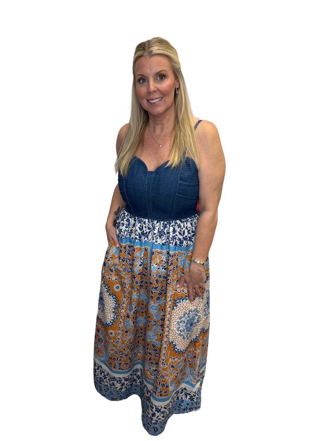 Quilted Denim Top Maxi Sundress