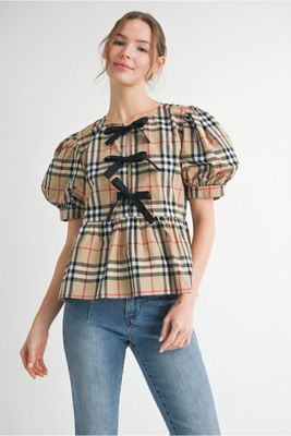 Plaid Top w/ Bow Detail