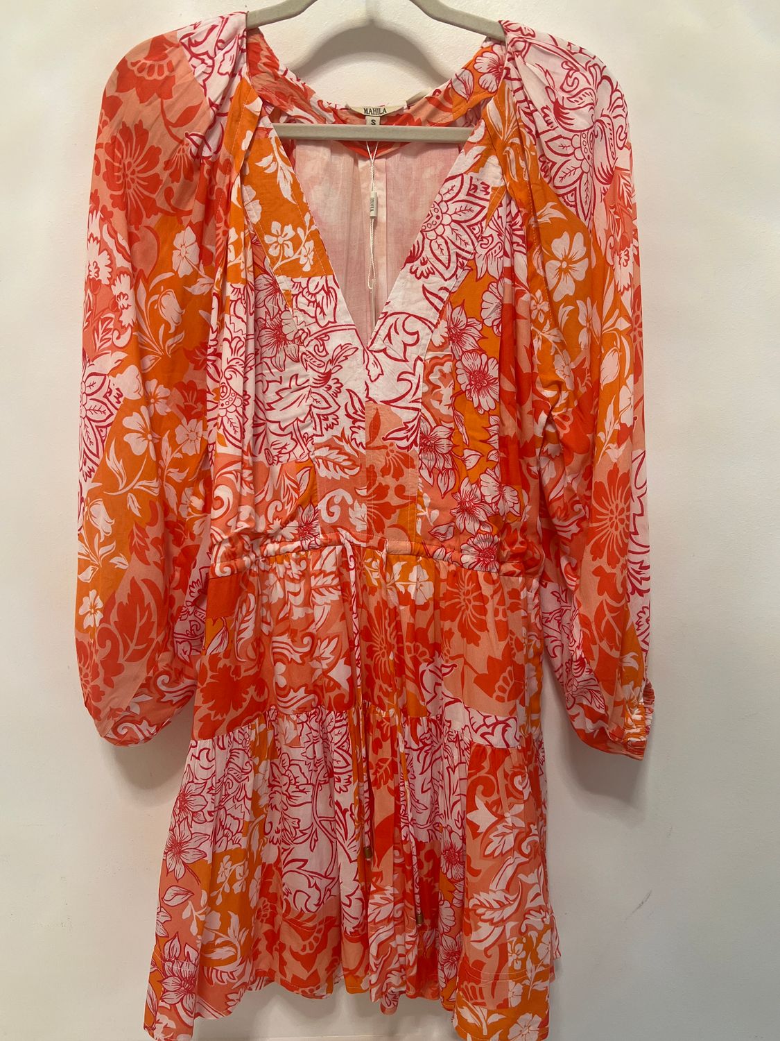 V Neck 3/4 Sleeve Mini Dress, Color: Orange, Size: L