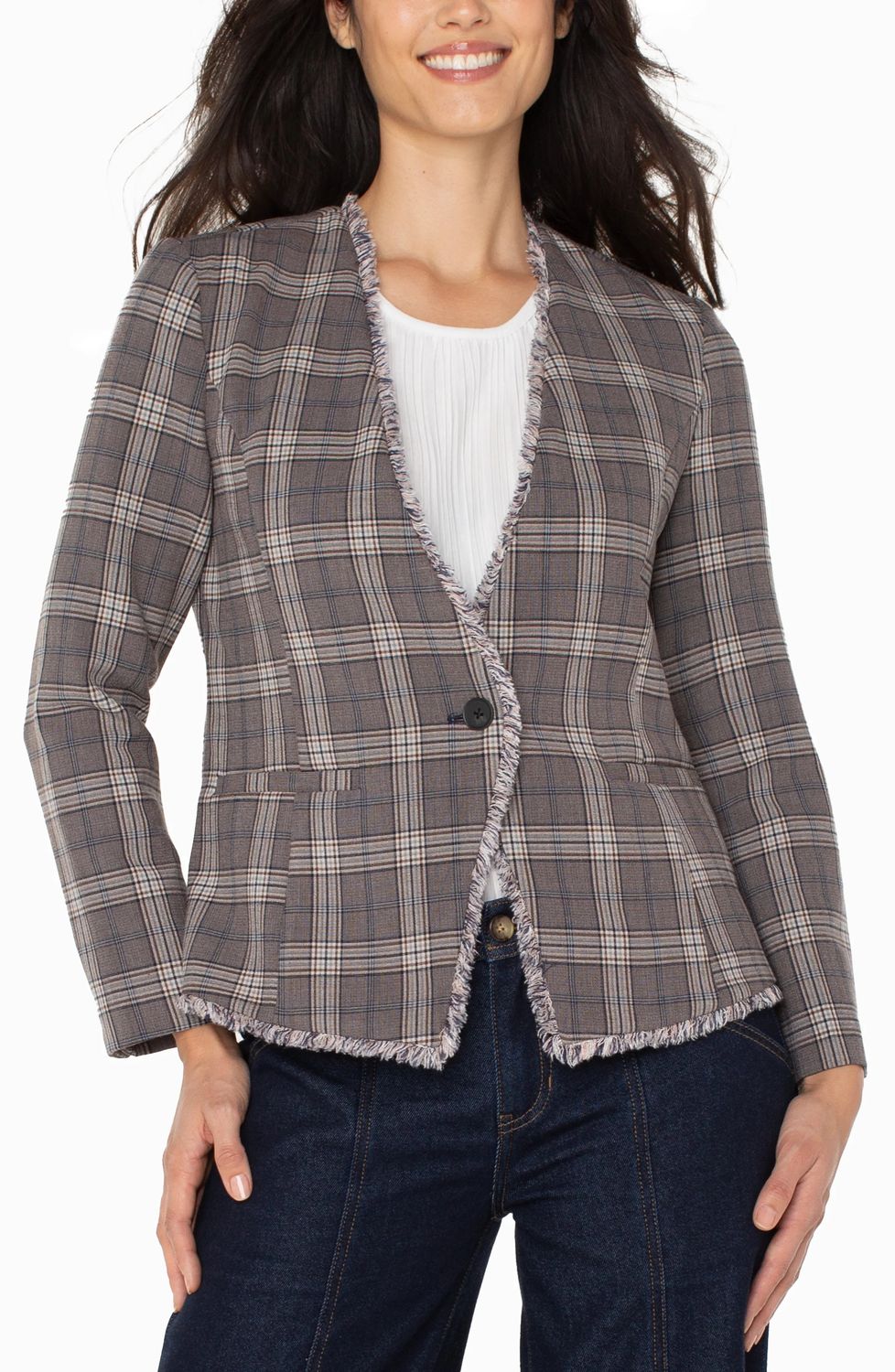 Collarless Plaid Blazer