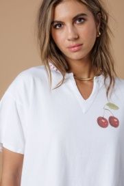 Cherries Split Neck Tee, Size: L, Color: White