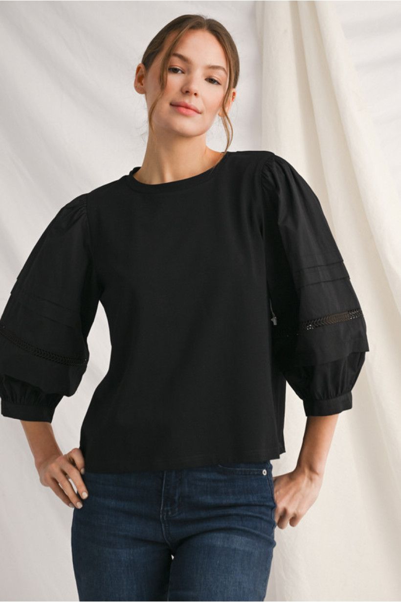 3/4 Sleeve Solid Top, Size: L, Color: Blk