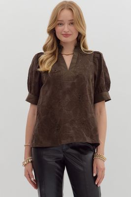 Solid Floral V Neck Top