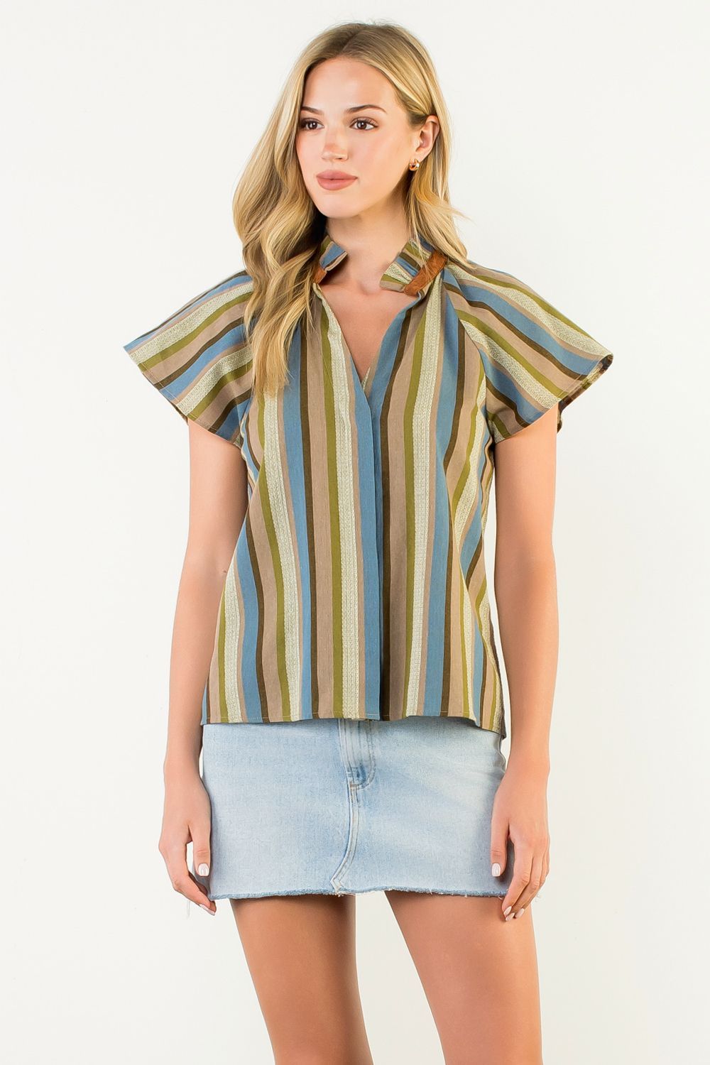 S/S Striped V Neck