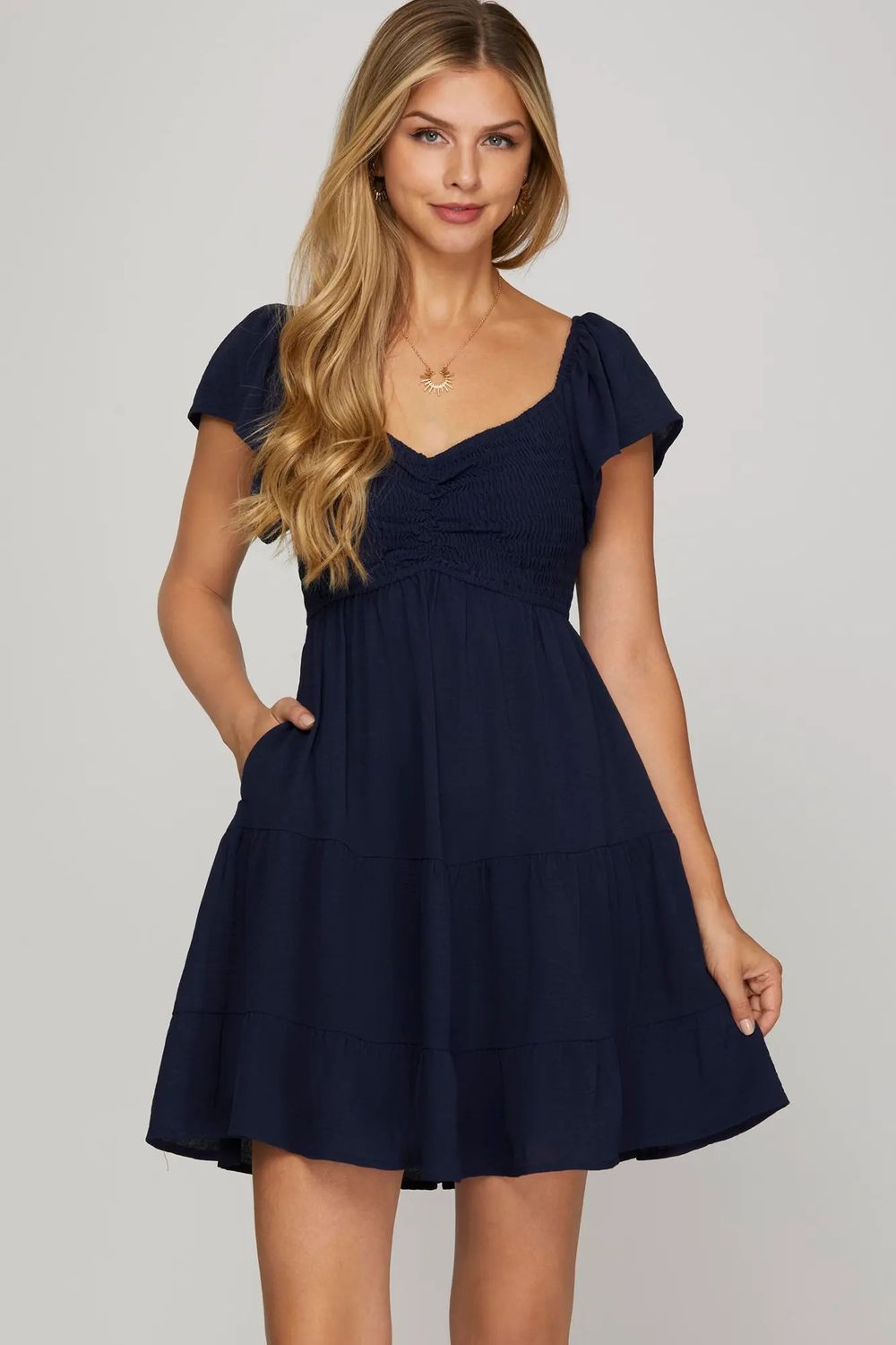 Flutter Sleeve Smocked Mini, Size: L, Color: Navy