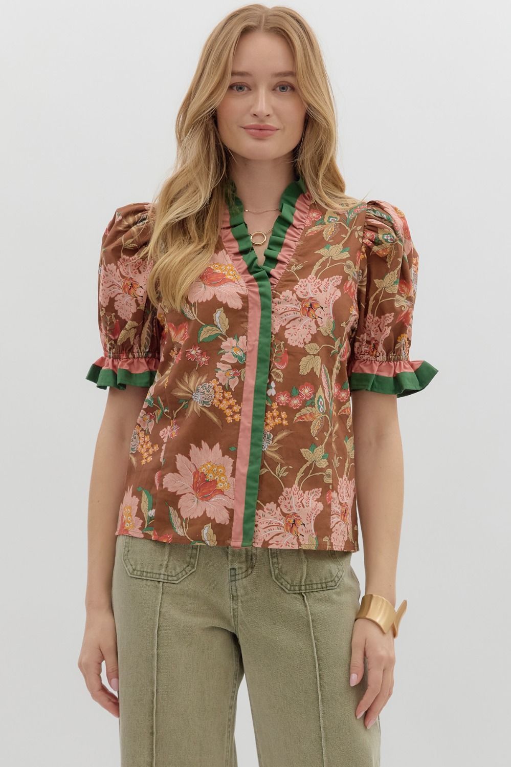 Floral Print Accent Ruffle Top