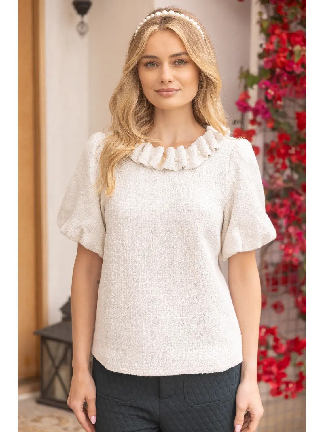 Pearled Ruffle Neckline Top