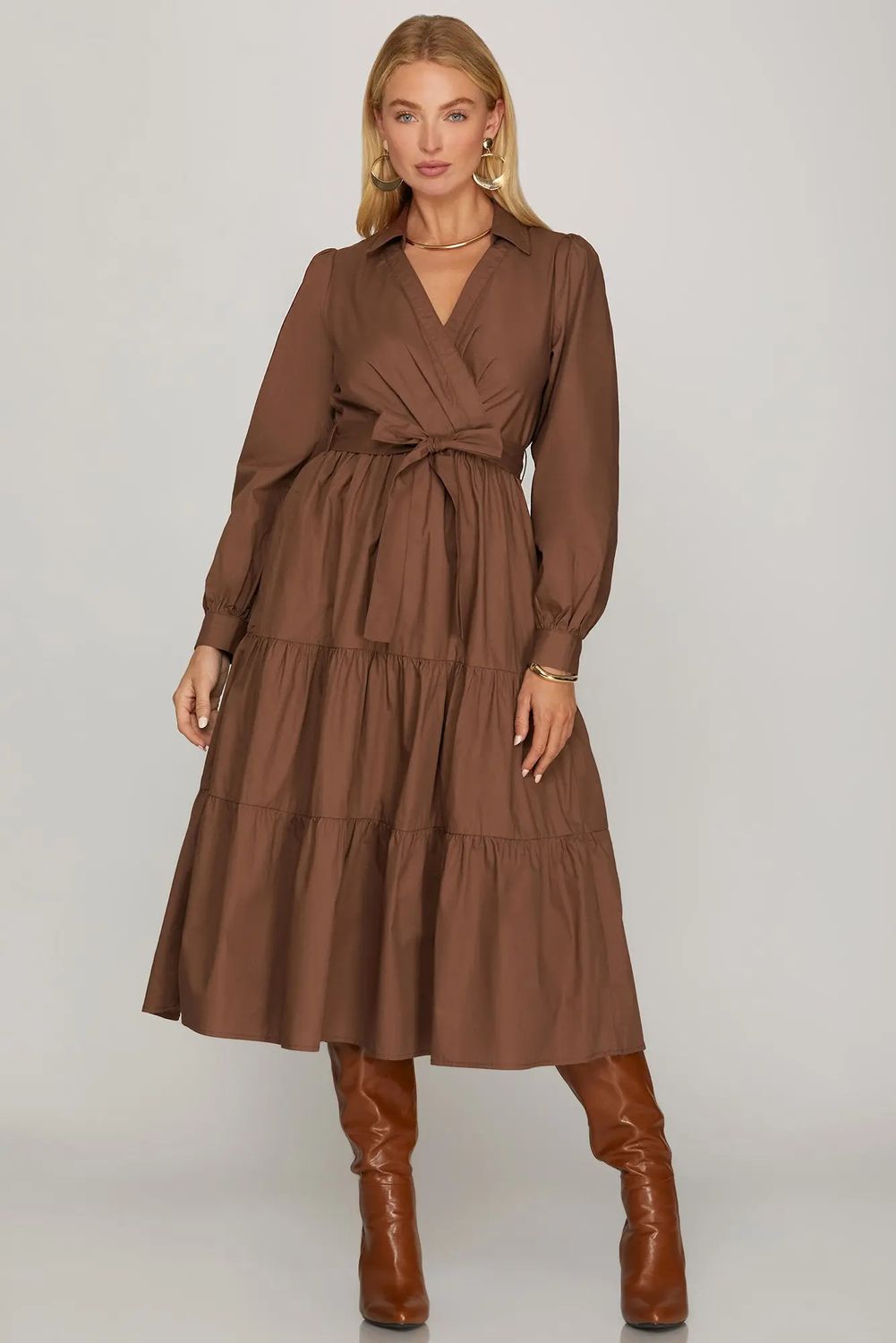 Solid L/S Midi Dress