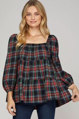 Square Neck Plaid Top