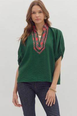 Solid V Neck Red Plaid Trim