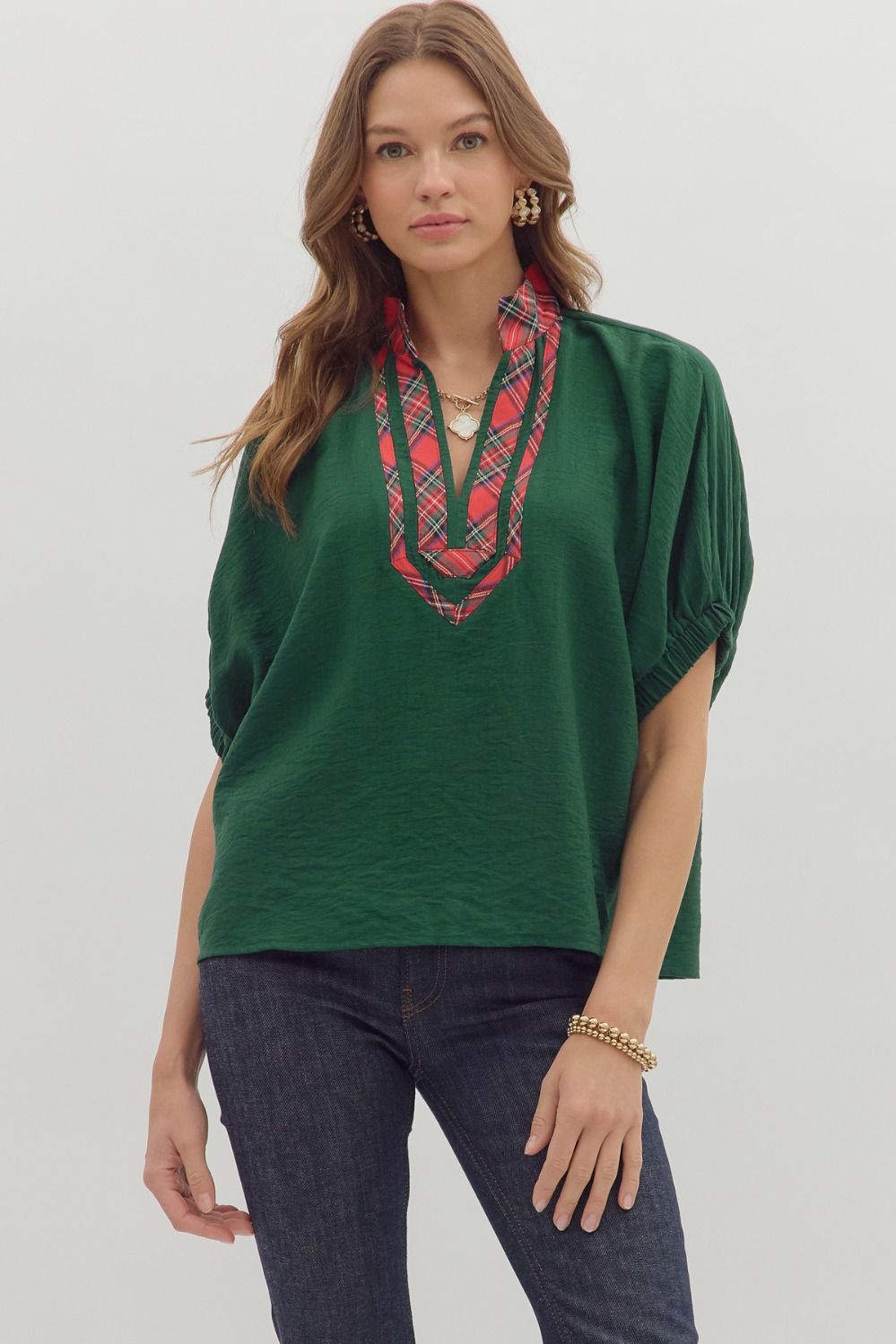 Solid V Neck Red Plaid Trim