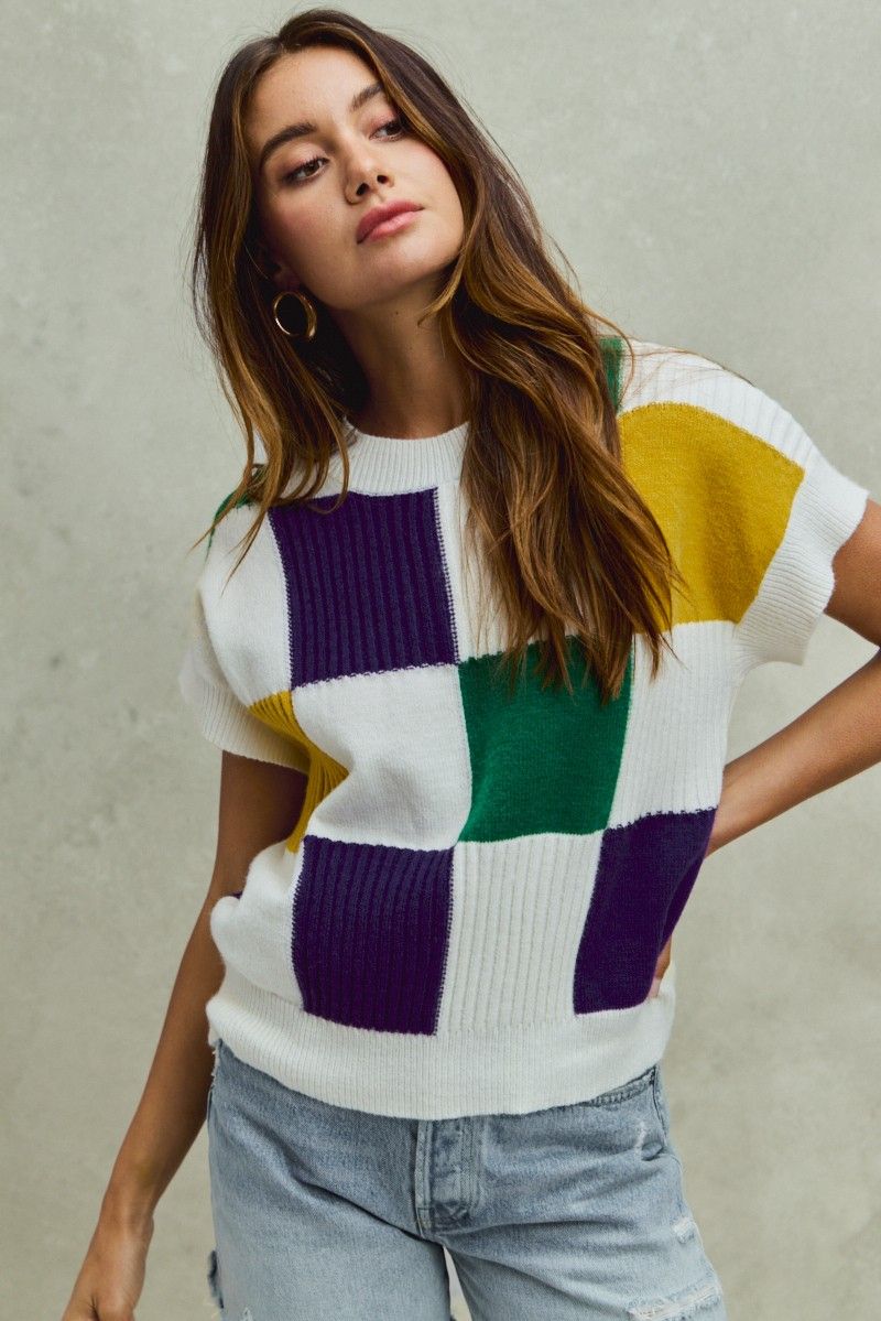 Mardi Gras Check Sweater Top