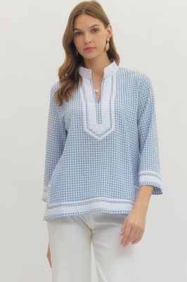 3/4 Sleeve Gingham V Neck