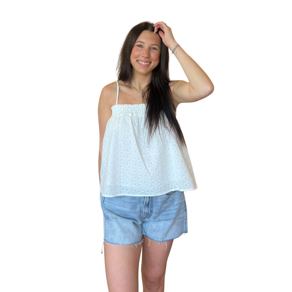 Eyelet Smocked Spaghetti Strap Top