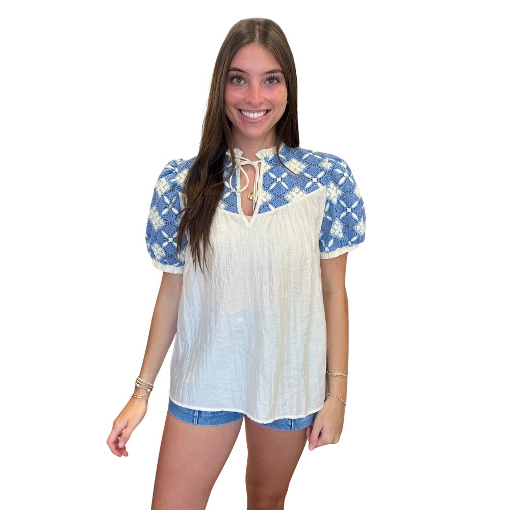 Embroidered Yoke Puff Sleeve Top