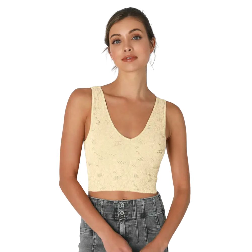 Lace V Neck Tank Top, Color: Butter Cream, Size: O/S