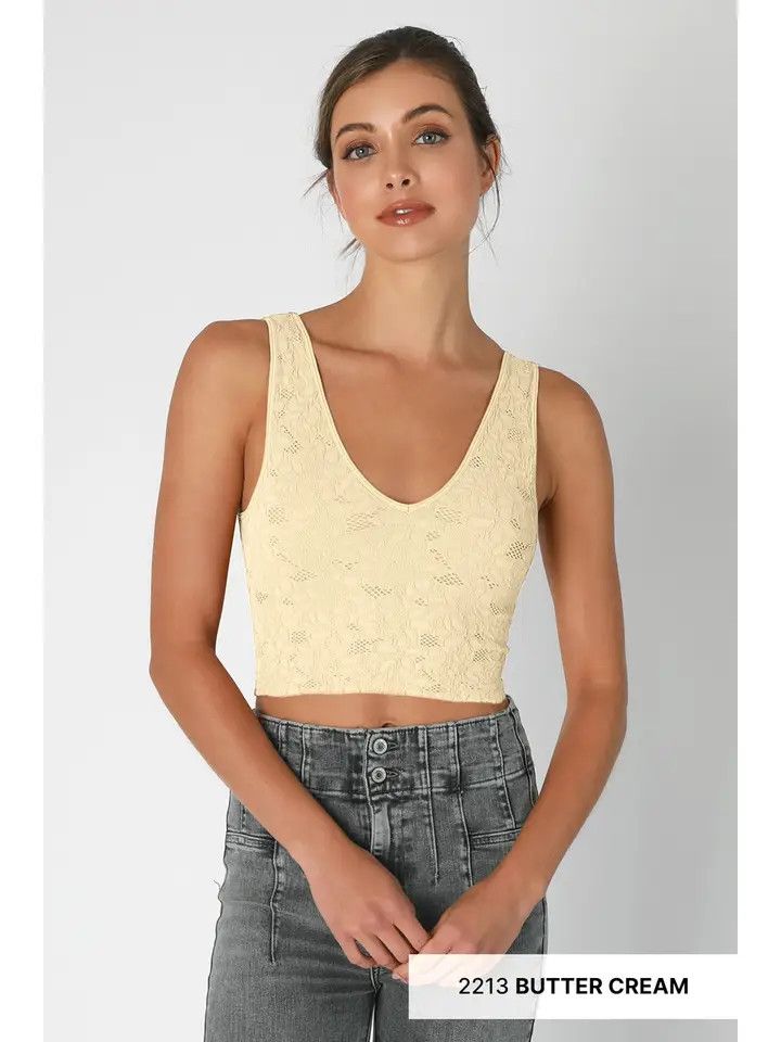 Lace V Neck Tank Top, Color: Butter Cream, Size: O/S